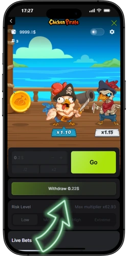 Chicken Pirate withdraw button cash out screen